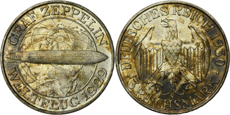 Germany, Weimar Republic, 3 Mark Berlin 1930 A - Graf Zeppelin Issue minted on t...