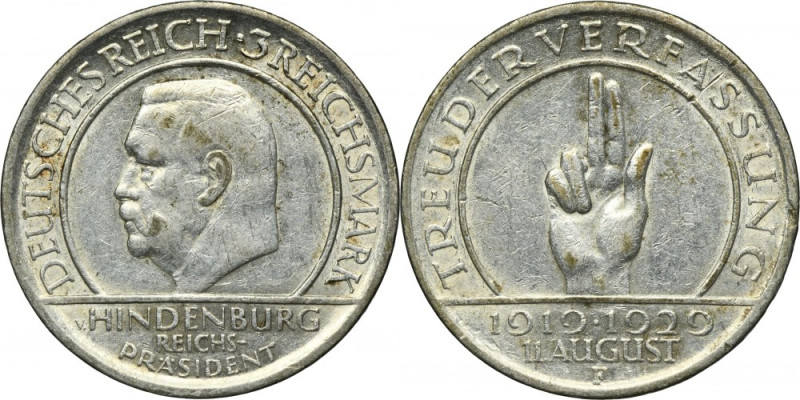 Germany, Weimar Republic, 3 Mark Stuttgart 1929 F - Weimar Oath Issue minted to ...