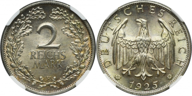 Germany, Weimar Republic, 2 Mark Stuttgart 1925 F - NGC MS66 Variety with letter...