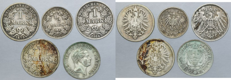 Lot, Germany, 1/6 Thaler, 1 Mark and 1/2 Mark (5 pcs.) Lot of five German with d...