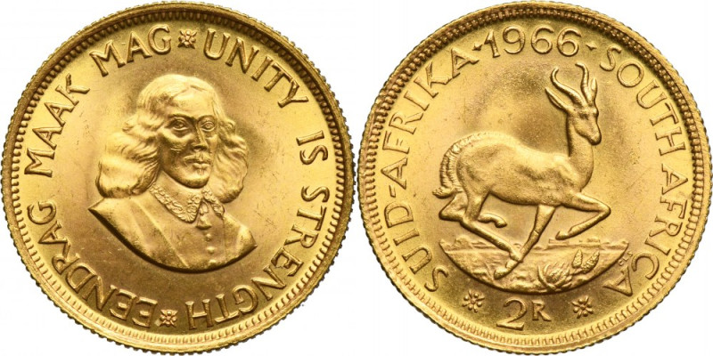 South Africa, 2 Rand Pretoria 1966 .917 gold. 
 Diameter 22 mm, weight 7.99 g Z...