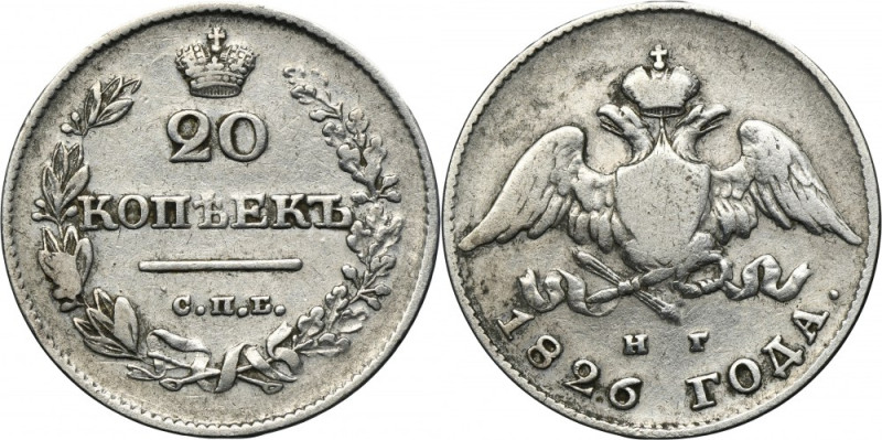 Russia, Nicholas I, 20 Kopeks Petersburg 1826 СПБ НГ Variety&nbsp;with the Eagle...