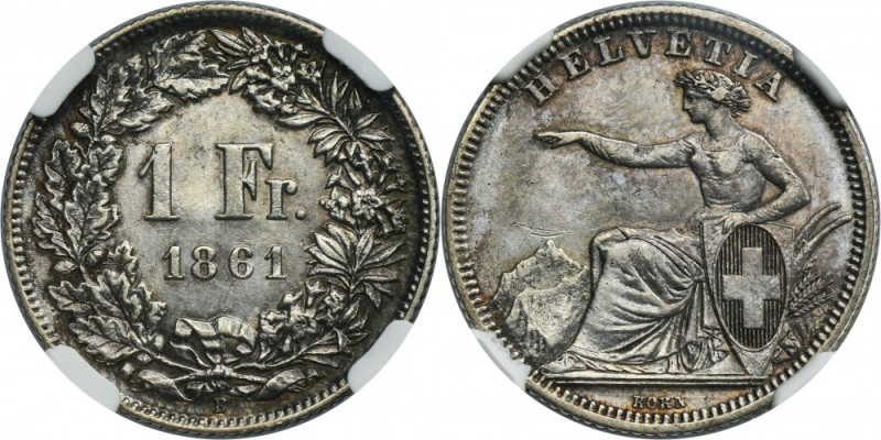 Switzerland, Swiss Confederation, 1 Franc Bern 1861 B - NGC AU55 Coin in about u...