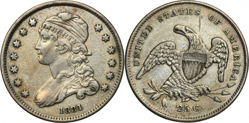 USA, 25 Cents Philadelphia 1831 - Liberty Cap Rare issue. Silver '890'. Rzadka e...