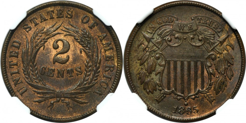 USA, 2 Cents Philadelphia 1865 - NGC MS64 RB - Union Shield Choice uncirculated....