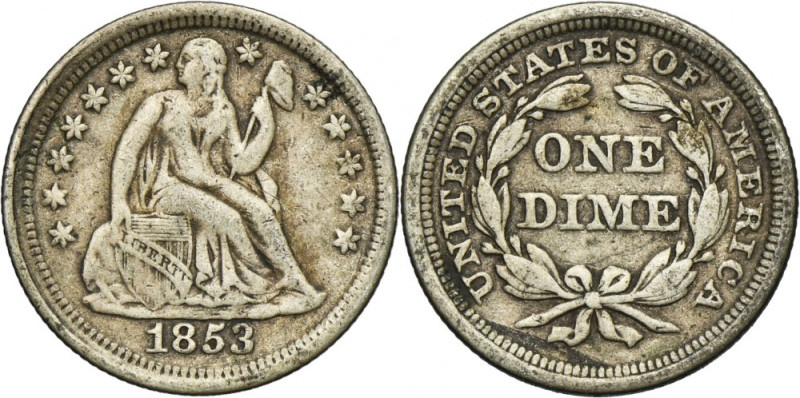 USA, 1 Dime Philadelphia 1855 - Seated Liberty Variety without arrows next to da...