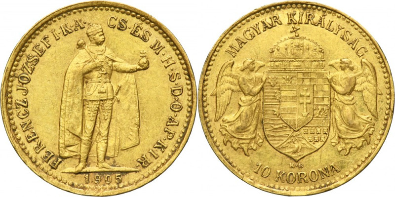 Hungary, Franz Joseph I, 10 Korona Kremnitz 1905 KB .900 gold. Diameter 19 mm, w...