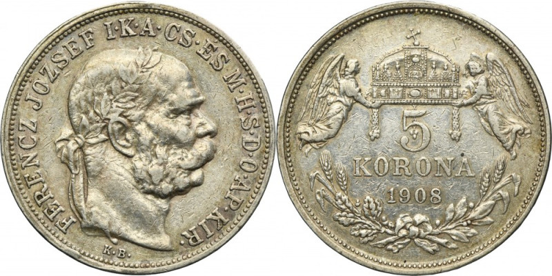 Hungary, Franz Joseph I, 5 Korona Kremnitz 1908 KB Silver '900'. Srebro próby '9...