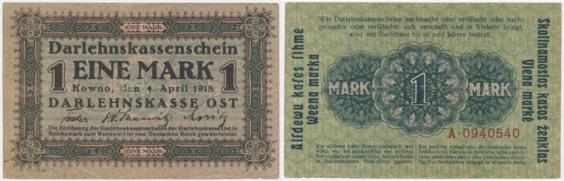 Kowno, 1 Mark 1918 - A - Never washed or pressed. Zdrowy i naturalny stan trzeci...