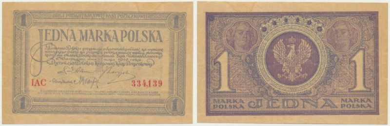 1 marka 1919 - IAC - Odmiana trzyliterowa. Banknot delikatnie ugięty przez pole ...