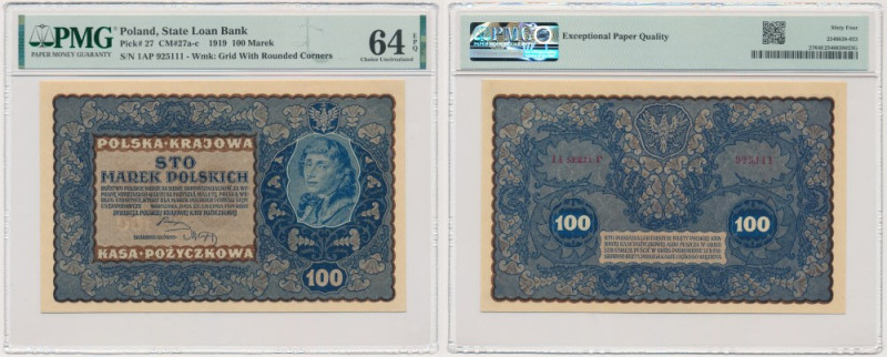 100 marek 1919 - IA Serja P - PMG 64 EPQ Lepsza odmiana z numeratorem typu 4 wed...