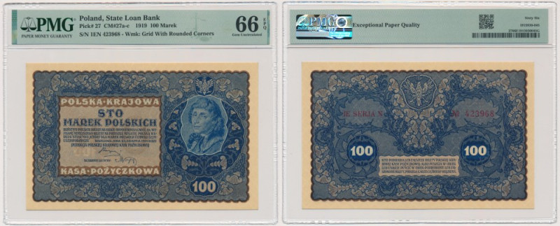 100 marek 1919 - IE Serja N - PMG 66 EPQ Odmiana z numeratorem typu '7' według k...