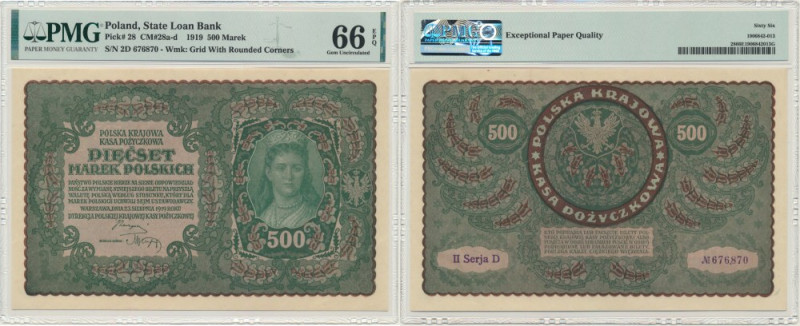 500 marek 1919 - II Serja D - PMG 66 EPQ Wariant z numeratorem typu '3' wg katal...