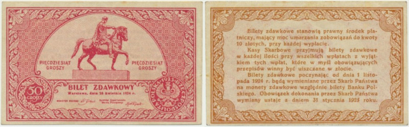 50 groszy 1924 Banknot gięty przez pole zadrukowane. Egzemplarz naturalny.
Refe...