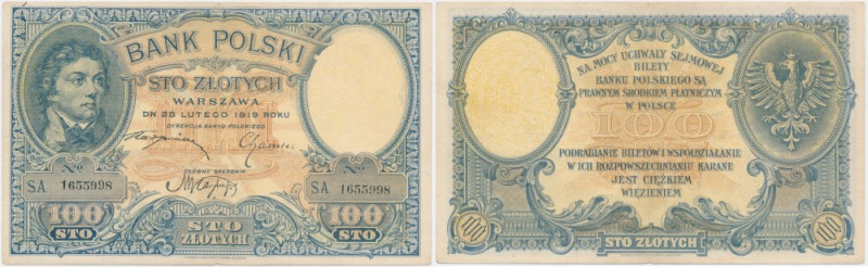 100 złotych 1919 - S.A - Banknot gięty w pionie orz poziomie, ale świeży i ładny...