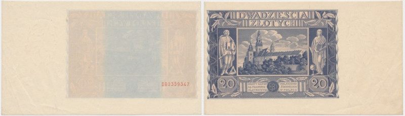 20 złotych 1936 - DB - destrukt - &nbsp; Nieukończony druk. Awers jedynie z podd...