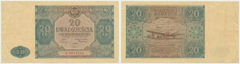 20 złotych 1946 - B - Druk w kolorze zielonym.&nbsp; Egzemplarz ze śladami krótk...