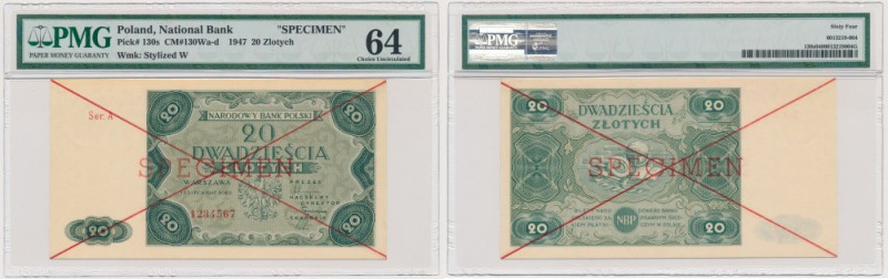 20 złotych 1947 - SPECIMEN - A 1234567 - PMG 64 Wzór z czerwonym poziomym nadruk...