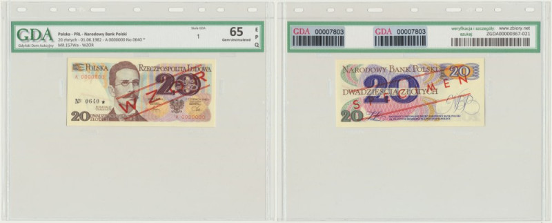 20 złotych 1982 - WZÓR - A 0000000 - No.0640 - GDA 65 EPQ &nbsp; Banknot opatrzo...