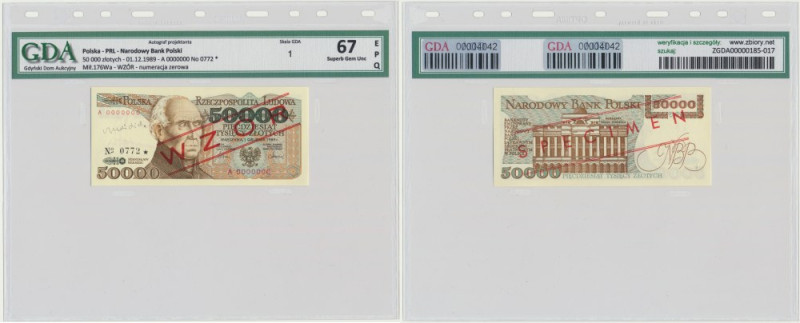 50.000 złotych 1989 - WZÓR - A 0000000 - No.0772 - GDA 67 EPQ - z autografem A. ...