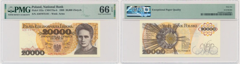 20.000 złotych 1989 - AM - PMG 66 EPQ &nbsp; Wariant dwuliterowy.&nbsp; Banknot ...