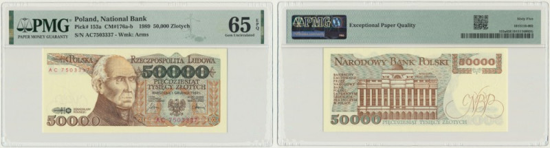 50.000 złotych 1989 - AC - PMG 65 EPQ Odmiana dwuliterowa.&nbsp; Banknot opatrzo...