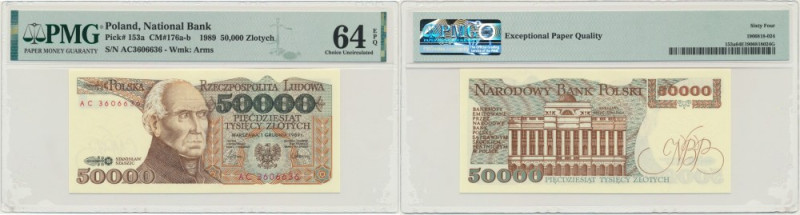 50.000 złotych 1989 - AC - PMG 64 EPQ Odmiana dwuliterowa.&nbsp; Banknot opatrzo...