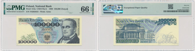 100.000 złotych 1990 - Y - PMG 66 EPQ - rzadsza seria Banknot opatrzony certyfik...