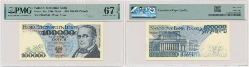 100.000 złotych 1990 - Z - PMG 67 EPQ Seria jednoliterowa. Rzadsza. Banknot opat...