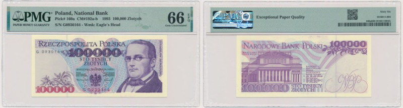 100.000 złotych 1993 - G - PMG 66 EPQ Seria jednoliterowa. 
 Banknot opatrzony ...