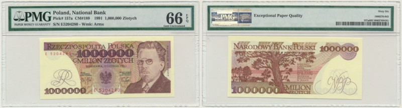 1 milion złotych 1991 - E - PMG 66 EPQ Banknot opatrzony certyfikatem PMG z ocen...