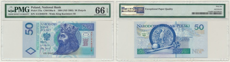 50 złotych 1994 - AA - PMG 66 EPQ &nbsp; Lubiana i poszukiwana pierwsza seria AA...