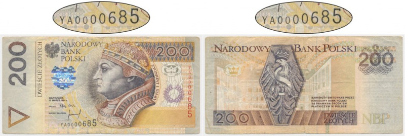 200 złotych 1994 - YA 0000685 - seria zastępcza - RZADKIE Najrzadsza seria zastę...