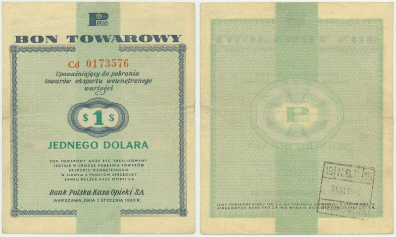 Pewex, 1 dolar 1960 - Cd - z klauzulą - Odmiana z klauzulą na rewersie. Rozdarci...