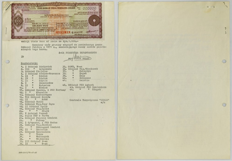 Rozdzielnik NBP z lipca 1959 r. z czekiem podróżnym na 1000 rupii, Indie, State ...