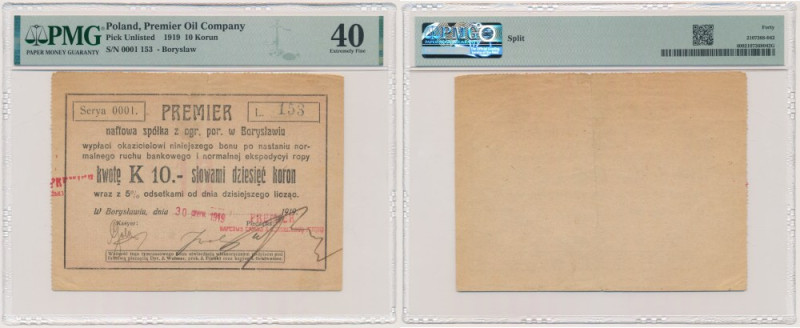 Boryslaw, 10 Korun 1919 - PMG 40 - RARE Very rare. Graded 40 by PMG.
 Split. 
...