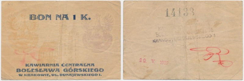 Kraków, Kawiarnia Centralna Bolesława Górskiego, 1 korona 1919 Odmiana z numerat...