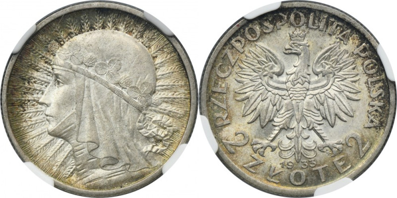 Głowa Kobiety, 2 złote 1933 - NGC MS64 Piękna moneta.&nbsp; Głęboki zegarowy poł...