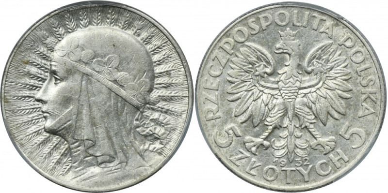 Głowa Kobiety, 5 złotych Warszawa 1932 - PCGS AU DETAIL - RZADKIE Najrzadsza pię...