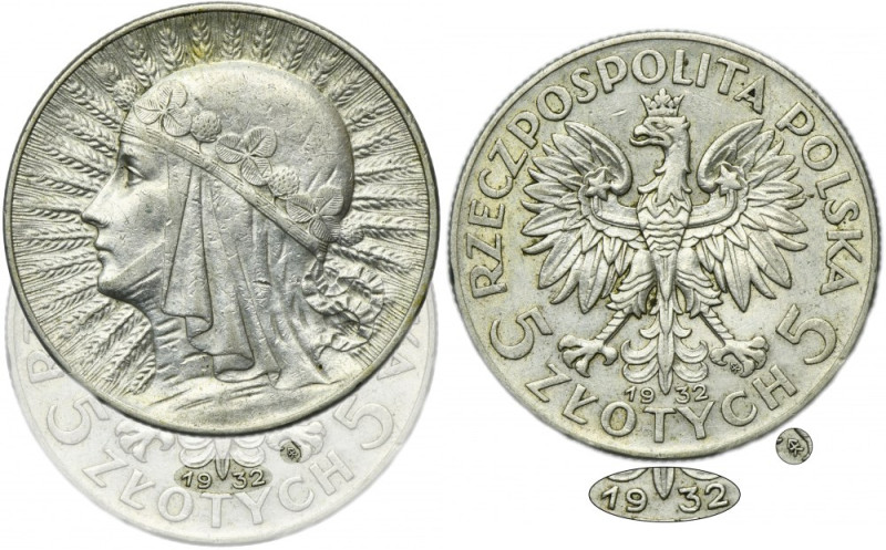 Głowa Kobiety, 5 złotych Warszawa 1932 - RZADKIE Najrzadsza pięciozłotówka z gło...