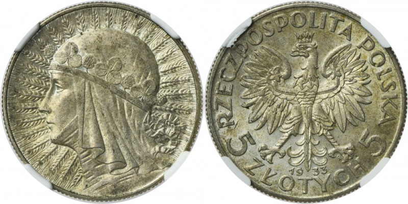 Głowa Kobiety, 5 złotych Warszawa 1933 - NGC AU58 Ładna moneta z dużą ilością me...