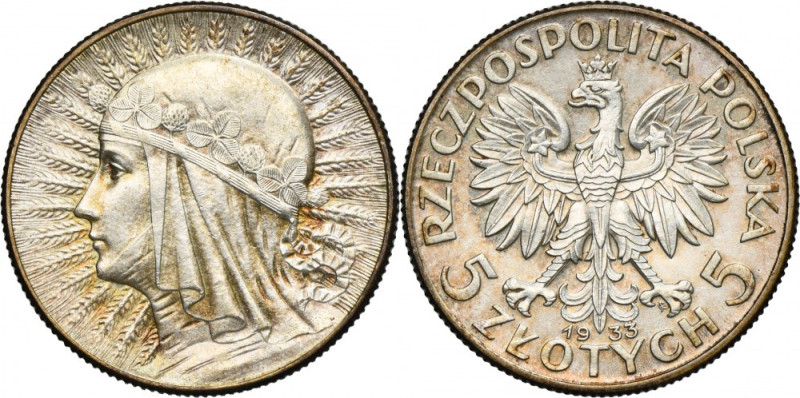 Głowa Kobiety, 5 złotych Warszawa 1933 Nienaturalny połysk na skutek nieumiejętn...