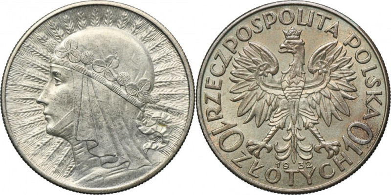 Głowa Kobiety, 10 złotych Londyn 1932 Egzemplarz z obustronnie zachowanym zegaro...