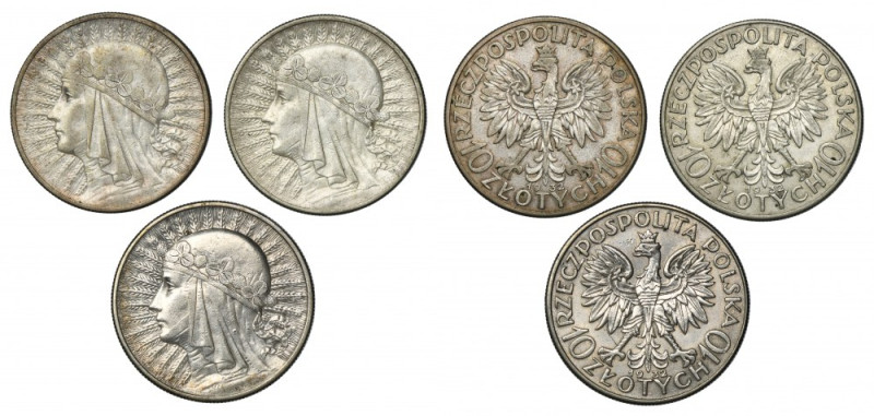 Zestaw, Głowa Kobiety, 10 złotych Londyn 1932 (3 szt.) Zestaw trzech monet II RP...