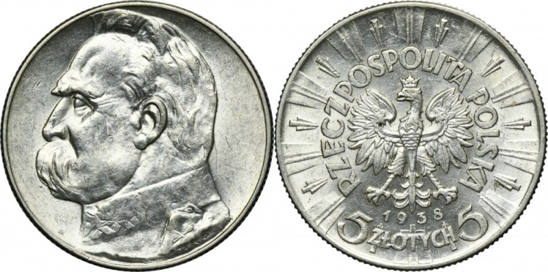 Piłsudski, 5 złotych 1938 Rzadszy rocznik. Egzemplarz z obustronnie zachowanym z...