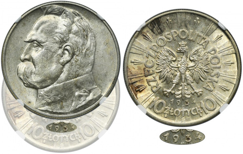 Piłsudski, 10 złotych 1934 - NGC AU58 - RZADKIE Rzadki rocznik. Najtrudniejsza z...