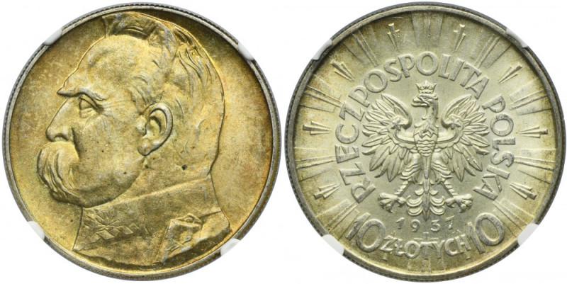 Piłsudski, 10 złotych 1937 - NGC MS61 Menniczej świeżości moneta z oceną MS61 od...