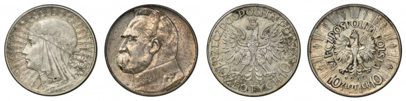 Zestaw, Głowa kobiety i Piłsudski, 10 złotych 1932 i 1939 (2 szt.) Zestaw dwóch ...