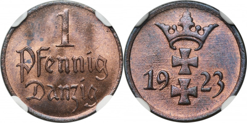 Free City of Danzig, 1 Pfennig 1923 - NGC MS65 RB Znakomita mennicze sztuka w ko...