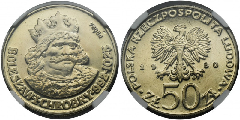 PRÓBA NIKIEL, 50 złotych 1980 Bolesław I Chrobry - NGC PF66 CAMEO Emisja próbna ...